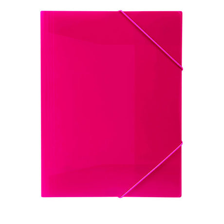 Bright pink Marbig A4 document wallet with elastic straps and 3 flaps, designed for stylish organization and secure storage.