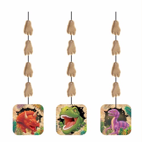 Vibrant Dino Blast Hanging Cutouts (91cm, pack of 3) featuring colorful dinosaur designs, perfect for themed parties and decorations.