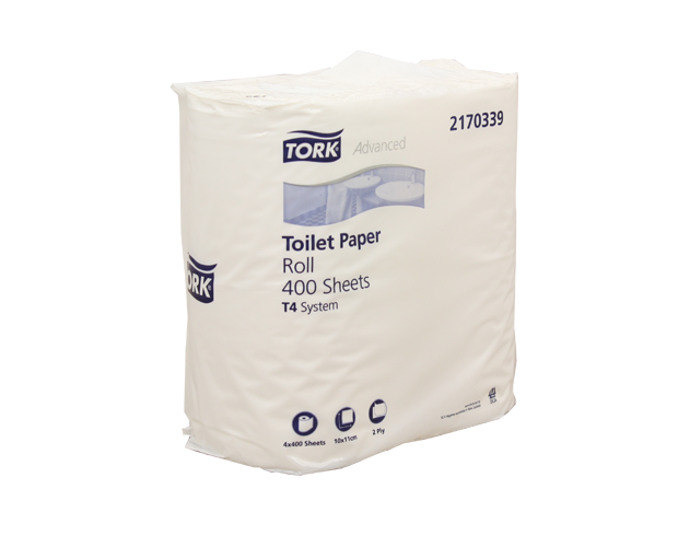 Tork Soft Conventional Toilet Roll 2-ply, 400 sheets, white for superior softness and durability, 4-pack for convenience.