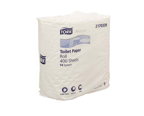 Tork Soft Conventional Toilet Roll 2-ply, 400 sheets, white for superior softness and durability, 4-pack for convenience.