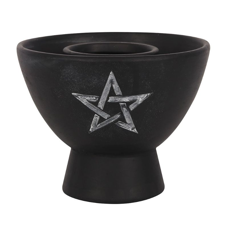 Black terracotta smudge bowl with intricate white pentagram design, perfect for burning herbs and enhancing spiritual rituals.