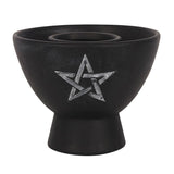 Black terracotta smudge bowl with intricate white pentagram design, perfect for burning herbs and enhancing spiritual rituals.