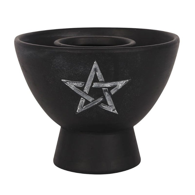 Black terracotta smudge bowl with intricate white pentagram design, perfect for burning herbs and enhancing spiritual rituals.