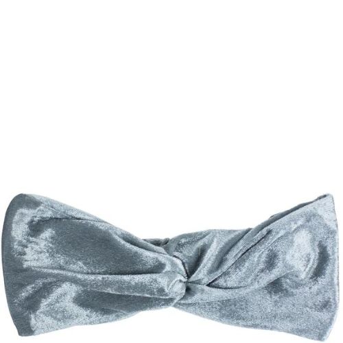 Silver velvet cosmetic turban holding hair in place for beauty routines, offering elegance and moisture absorption.