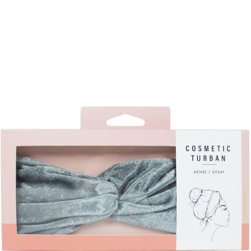 Silver Velvet Cosmetic Turban from Simply Essential, keeps hair stylishly tucked during beauty routines and absorbs moisture.