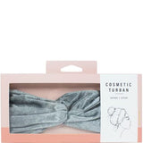 Silver Velvet Cosmetic Turban from Simply Essential, keeps hair stylishly tucked during beauty routines and absorbs moisture.