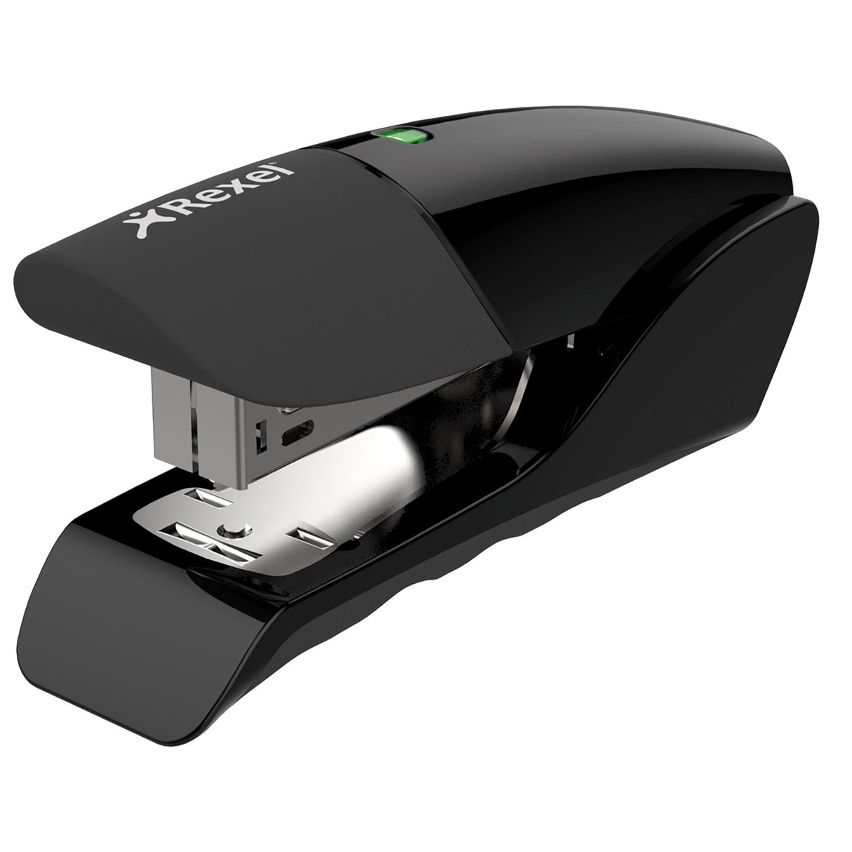 Sleek black metal stapler with ergonomic grip, staples up to 25 sheets, and innovative staple refill window.