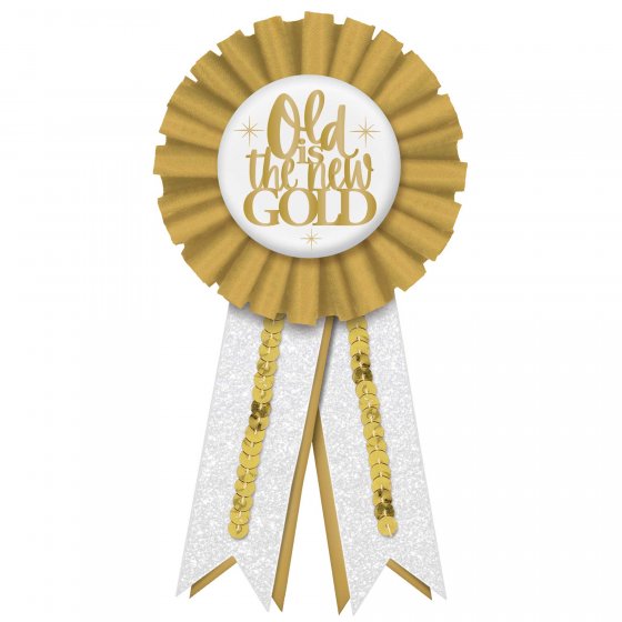 Over The Hill Golden Age Award Ribbon with sequins and metal accent, perfect for milestone birthday celebrations and humorous gifts.