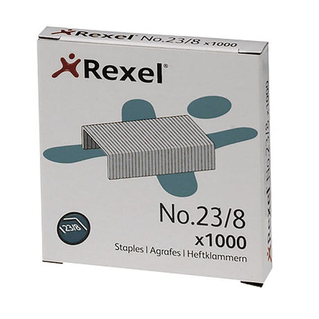 Rexel No.23/8 staples in a 1000-box, high-quality steel, designed for consistent performance in binding up to 40 sheets.