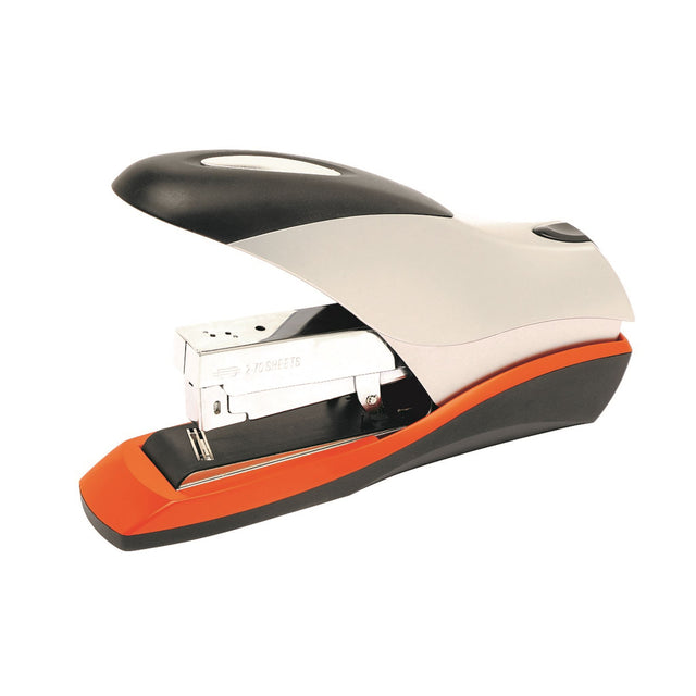 Rexel Optima70 stapler in silver and orange, staples up to 70 sheets with low-force design and jam-free mechanism.