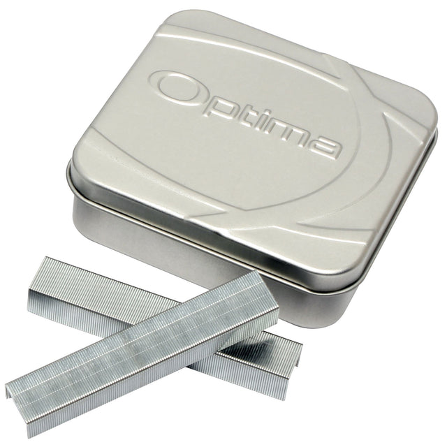 High-quality Rexel Optima staples in a secure tin, designed for up to 70 sheets with a jam-free guarantee.