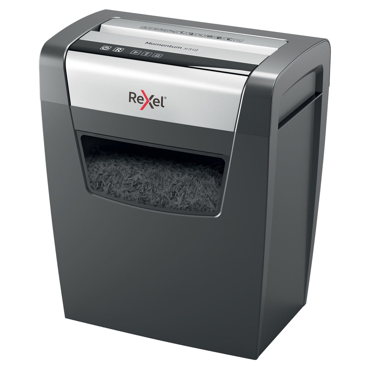 Compact Rexel Momentum X312 Cross Shredder with advanced jam-proof technology and easy-to-empty bin for secure document disposal.