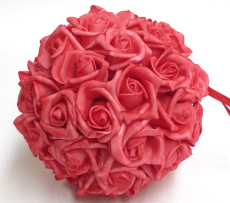 Large 8-inch red rose ball made of silk flowers, ideal for elegant decor and celebrations, featuring a loop for easy hanging.