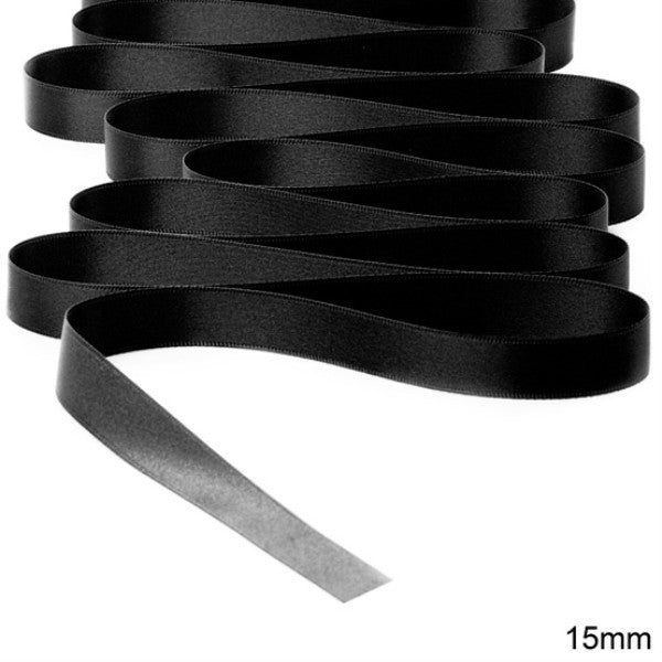 Luxurious 15mm satin black double face ribbon, perfect for elegant gift wrapping and crafting projects.