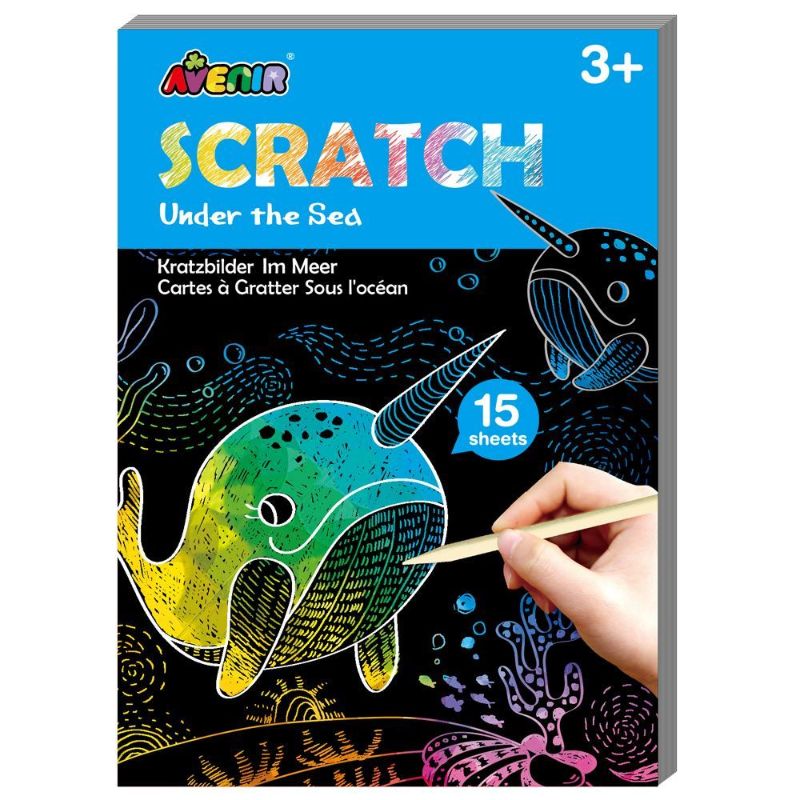 Colorful Scratch Art Under the Sea kit with 15 pages for kids to create ocean-inspired artwork using a scratching tool.