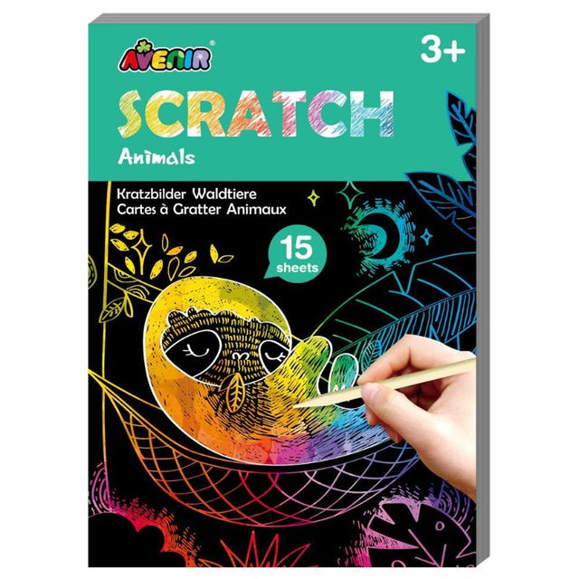 Colorful scratch art set featuring 15 forest animal designs, perfect for inspiring creativity in children ages 3 and up.