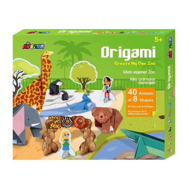 Vibrant origami kit for kids to create zoo animals with folding sheets, stabilizing cards, and a themed poster mat.