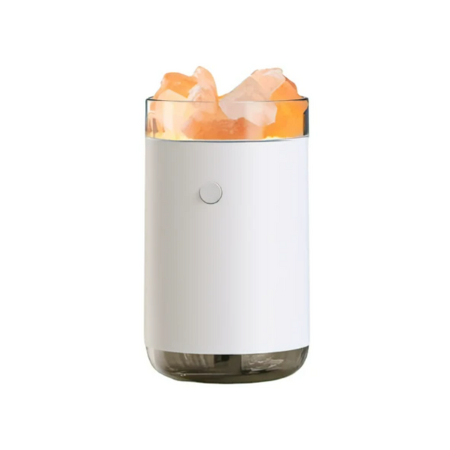 Aroma diffuser in white with Himalayan salt crystals, 300ml capacity, multi-color LED lights for relaxation and air purification.