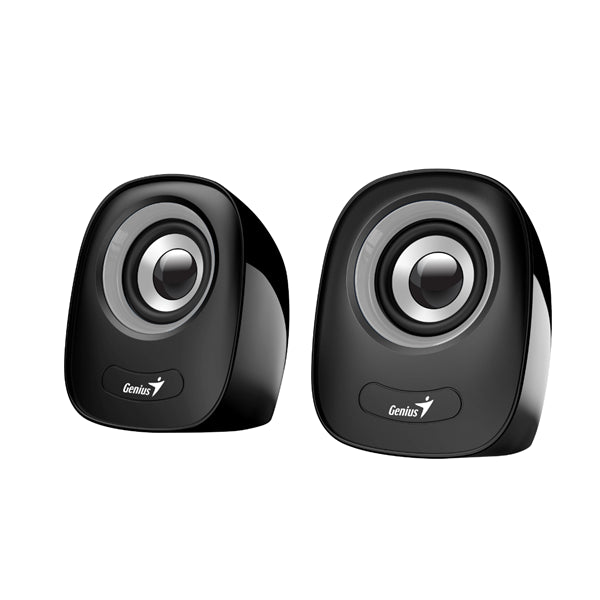 Genius SP-Q160 mini speakers in black and grey, delivering 2x 3W stereo sound, USB powered, compact and ideal for desktops.