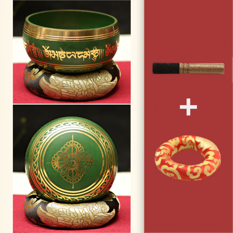 Handcrafted bronze singing bowl in soothing green, ideal for meditation and sound therapy, measuring 10 x 5.5 cm.