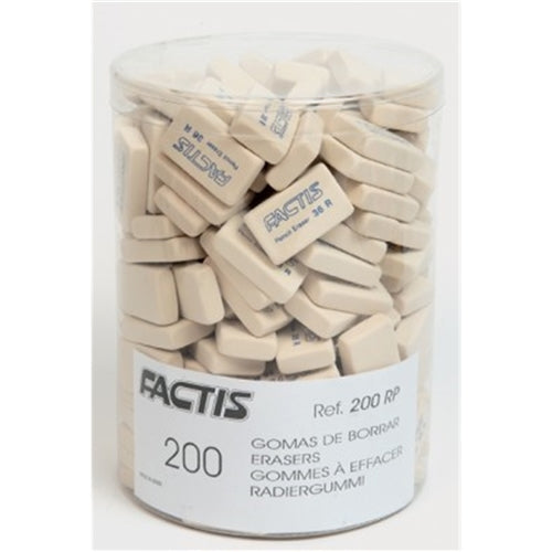 Display tub of 200 Factis 36R erasers, eco-friendly synthetic rubber, perfect for precise erasing without smudging.