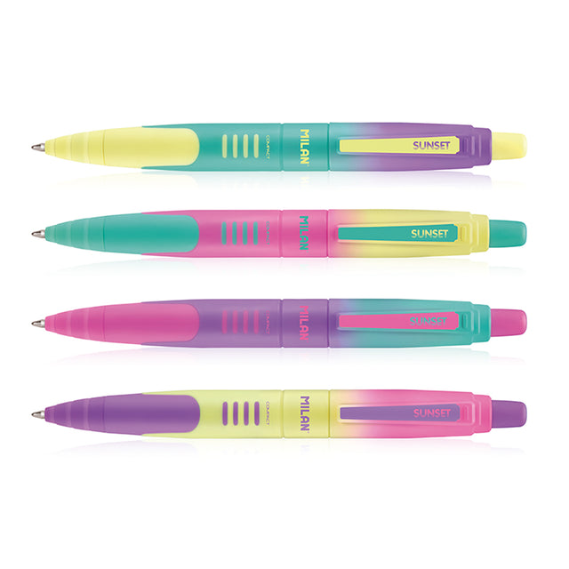 Set of 20 Milan Sunset Range Ballpoint Pens in vibrant sunset designs, featuring smooth blue ink for effortless writing.