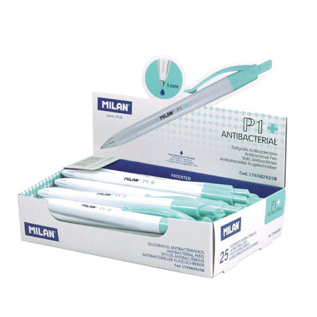 Milan P-1 Antibacterial Ballpoint Pens set featuring blue ink, hygienic design, and long-lasting writing length of 1,200 meters.