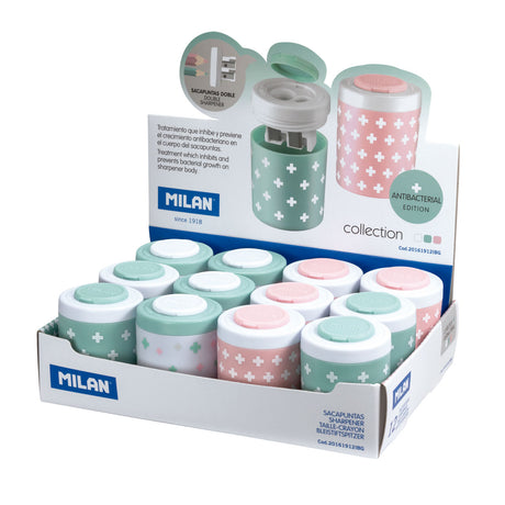 Set of 12 Milan antibacterial 2-hole pencil sharpeners, featuring standard and MAXI sizes, with hygienic design and sharp blades.