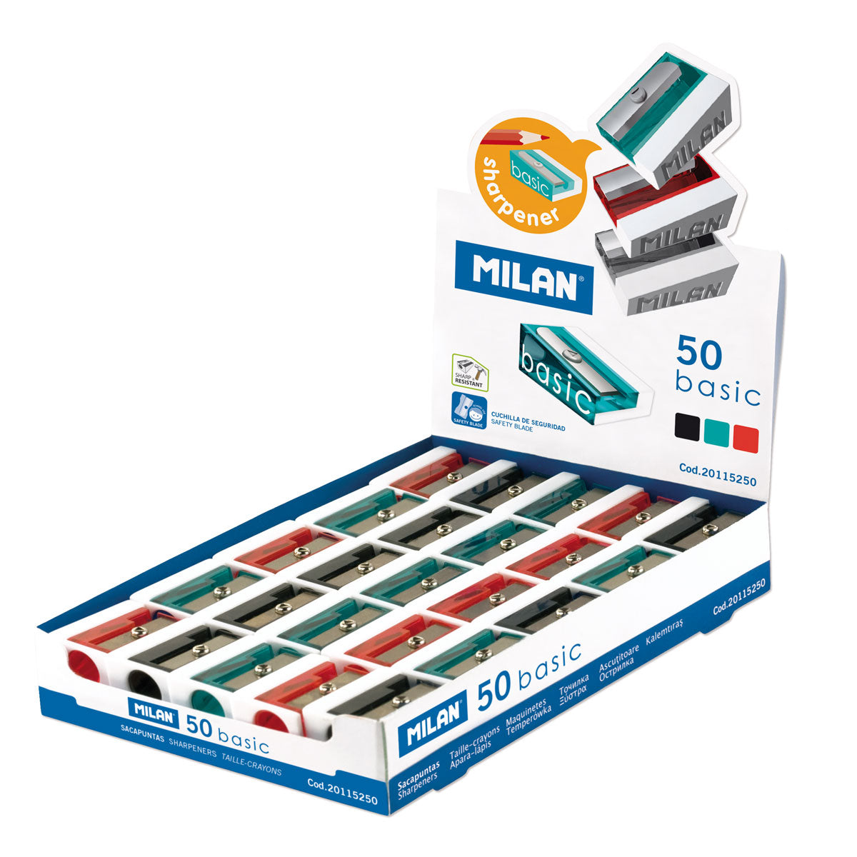 Set of 50 Milan Basic Pencil Sharpeners in vibrant colors with sharp carbon steel blades for precise sharpening and safety.