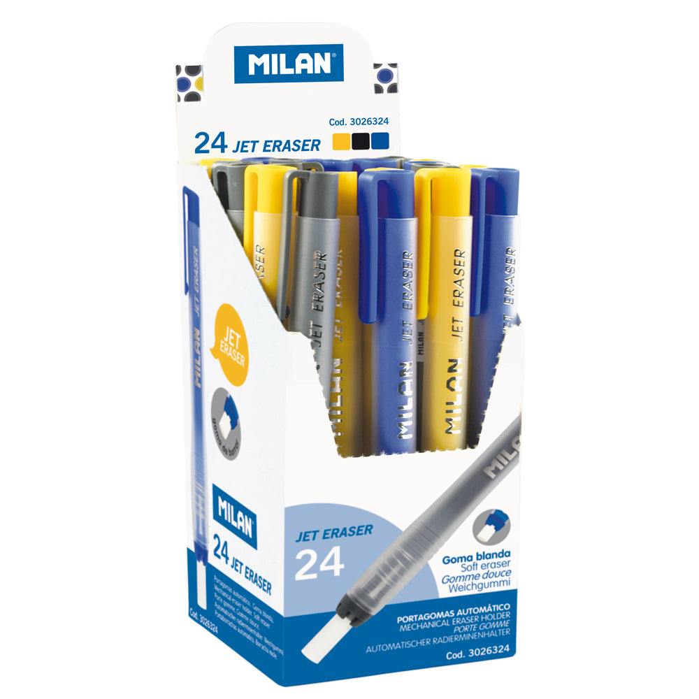 Milan Jet Eraser Set of 24 in vibrant colors, featuring 7 mm round automatic erasers for precise pencil stroke removal.