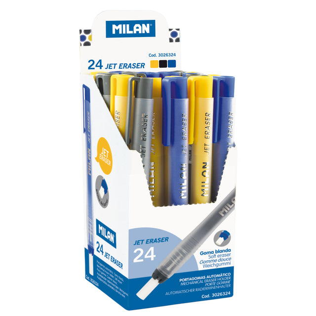 Milan Jet Eraser Set of 24 in vibrant colors, featuring 7 mm round automatic erasers for precise pencil stroke removal.