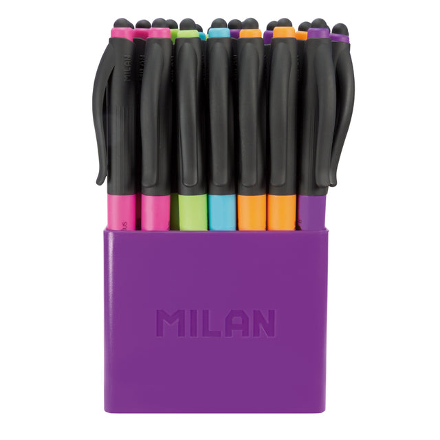 Vibrant set of 24 Milan P1 Touch Colours ballpoint pens with stylus, featuring assorted colors and smooth 1 mm tips.