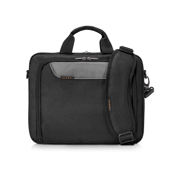 Sleek black briefcase for 13-14.1" laptops with padded compartment, ergonomic strap, and multiple organizational pockets.