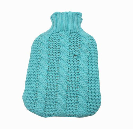 Cable knit hot water bottle cover in teal, offering warmth, comfort, and stylish protection against burns for chilly nights.