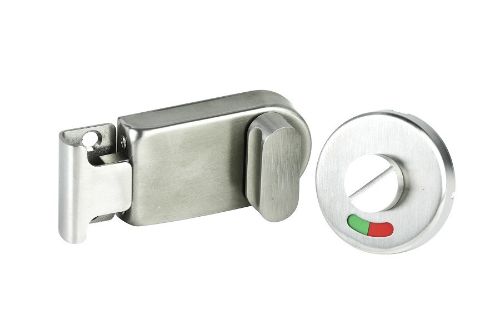 Brushed stainless steel indicator latch with emergency release and colored indicators for outdoor toilets and changing rooms.