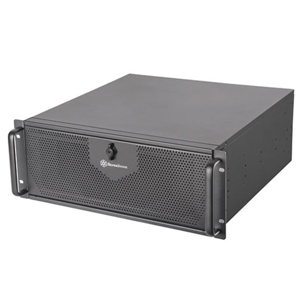 SilverStone RM42-502 ATX 4U Rackmount Case with liquid cooling, 8 drive bays, and anti-theft front panel for secure server setups.