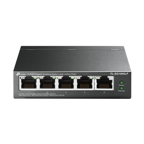 TP-Link SG1005LP 5 Port Gigabit Switch with 4 PoE+ ports, ideal for powering devices and enhancing network connectivity.