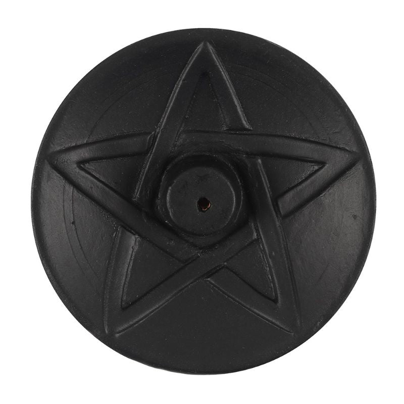 Black pentagram terracotta incense plate, 9cm, ideal for altars and meditation spaces, featuring a mystical design.