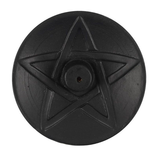 Black pentagram terracotta incense plate, 9cm, ideal for altars and meditation spaces, featuring a mystical design.