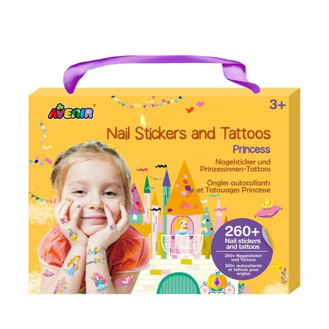 Colorful Avenir princess nail stickers and tattoos featuring crowns and stars, perfect for kids aged 5 and up.