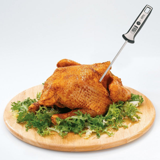 Digital thermometer by GEFU with LCD display, fast readings, wide temp range, ideal for precise cooking and wine pairing.