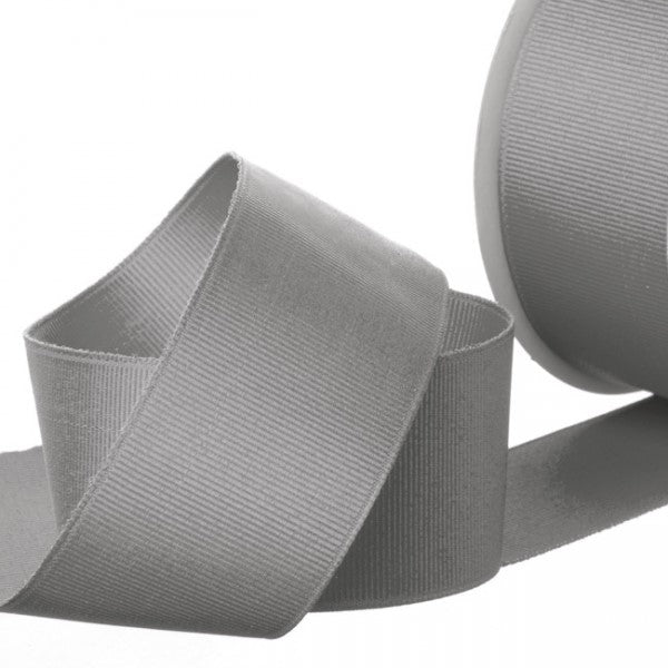 Charcoal grosgrain ribbon, 38mm wide, 20m roll, ideal for gift wrapping, crafts, and stylish decor projects.