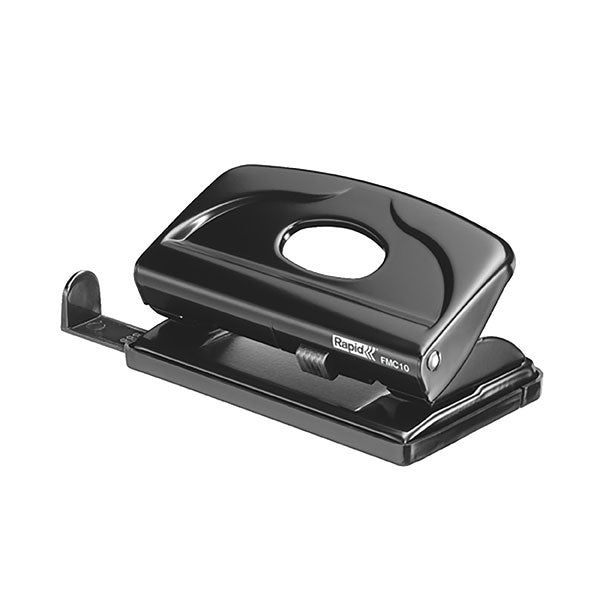 Rapid Punch FMC10 Black Clamshell metal hole punch, punches up to 10 sheets, compact design with lock-down handle for easy storage.