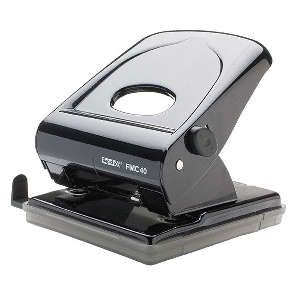 Rapid Punch FMC40 Black: efficient metal hole punch for up to 40 sheets, featuring adjustable guide and lock-down handle.