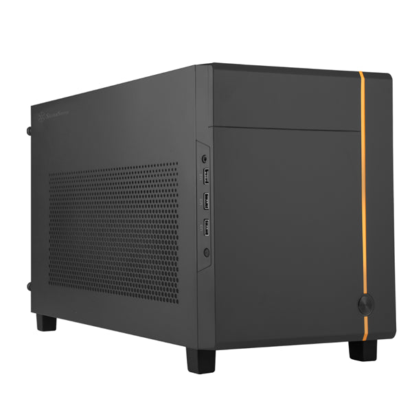 Sleek black mini-ITX case accommodating full-length GPUs, 240mm radiators, and versatile storage options for compact builds.