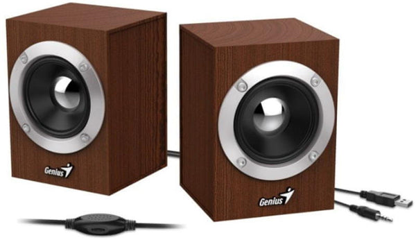 Genius SP-HF280 Wooden USB Powered Speakers with rich wood finish, 6W output, in-line volume control, and compact design.