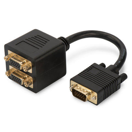 Digitus VGA (M) to 2x VGA (F) splitter for dual monitor setups, 0.2m length, supports 1080p at 24Hz, gold-plated connectors.