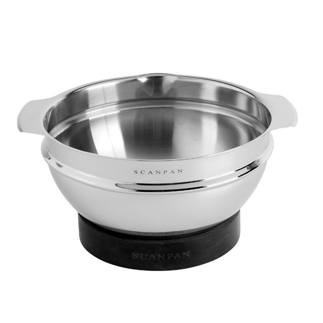 Scanpan 20cm stainless steel mixing bowl on an anti-slip silicone stand, featuring capacity markings and double boiler functionality.