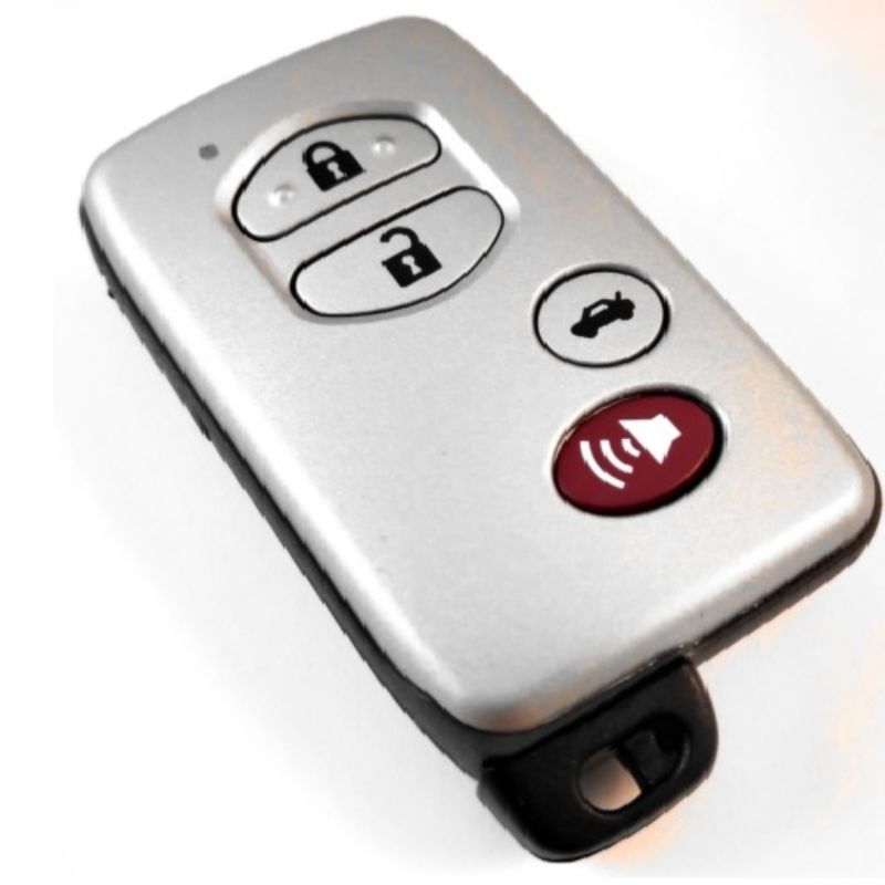 Complete Remote Toyota Smart Key with four buttons for locking, unlocking, trunk access, and enhanced vehicle security.