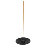 Black terracotta incense plate with a triquetra design, ideal for enhancing meditation or home decor. H:2 x W:9 x D:9 cm.
